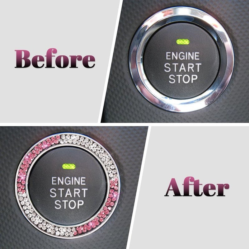 ToBeQueen White Pink Bling Push Start Button Cover Emblem Sticker, Crystal Diamond Rhinestone Push Start Ring Car Decor, Pink and White Bling Car Accessories - Image 2